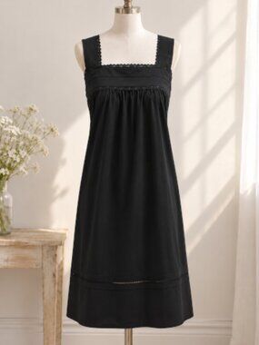 SoieRose Black 100% Cotton Strappy Victorian Nightgown - SR-1344